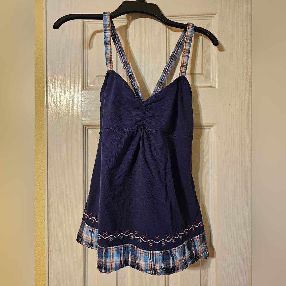 Navy Blue Plaid Trim Tank Top, Junior Girl, Size Large